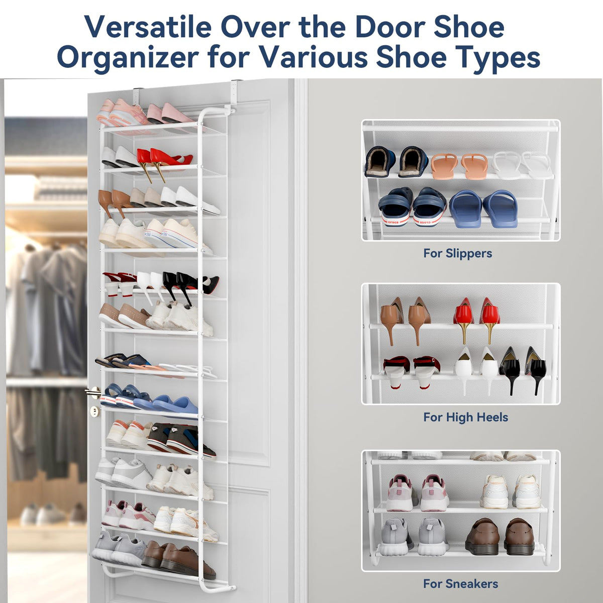 Whitmor Organizador de Zapatos 36 Pares 12 Niveles | Sobre puerta/montaje en pared, dormitorio/entrada/armario, marco metal malla, no taladrar