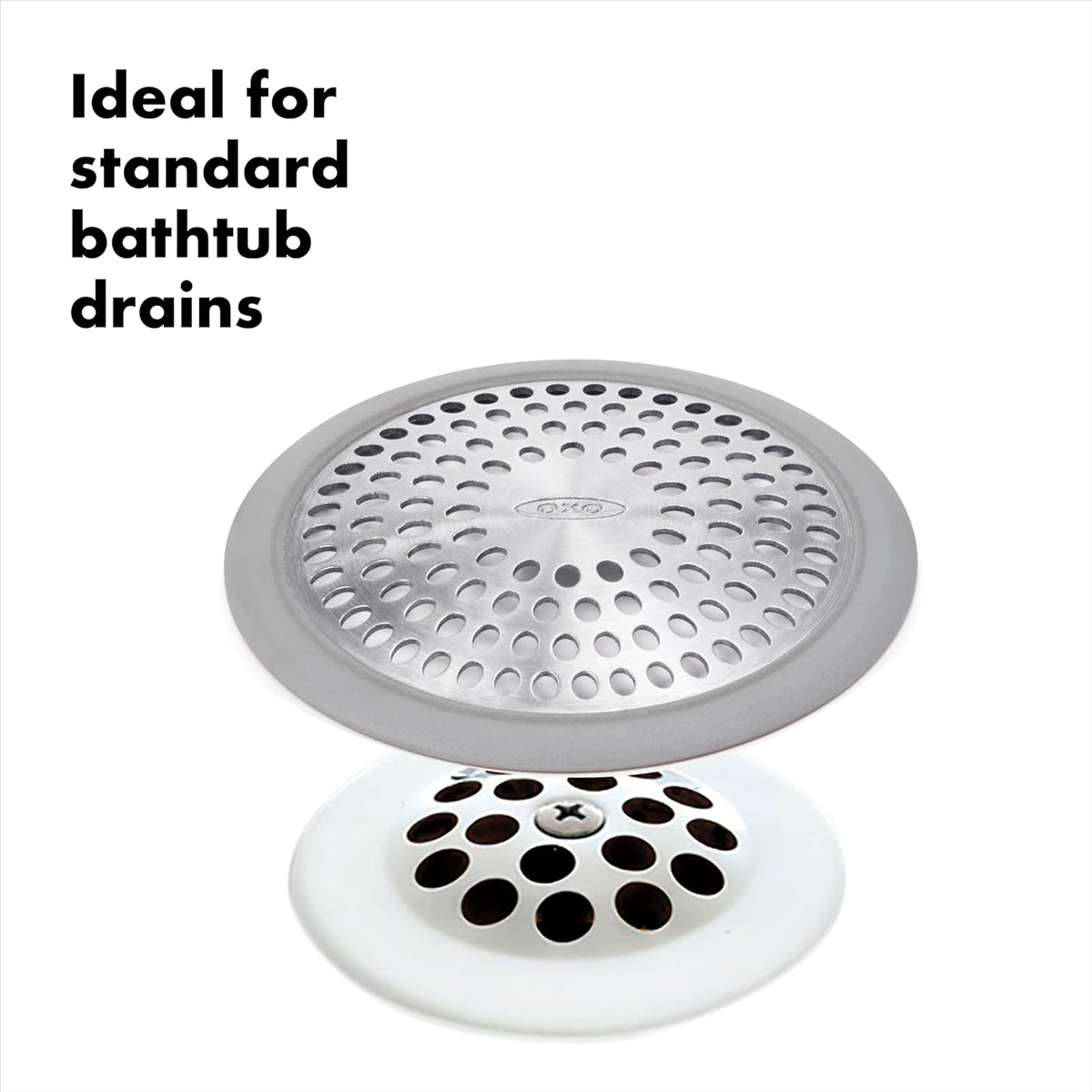 OXO Good Grips Protector de Drenaje para Tina | Acero inoxidable a prueba de óxido, borde de silicona antideslizante, se adapta a desagües de ducha estándar