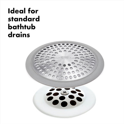 OXO Good Grips Protector de Drenaje para Tina | Acero inoxidable a prueba de óxido, borde de silicona antideslizante, se adapta a desagües de ducha estándar
