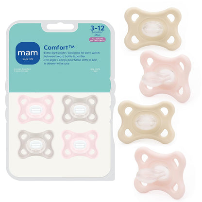 MAM Comfort Chupón de Silicona para Recién Nacidos, Una Pieza, 3 a 6 Meses - Cherry Blossom - Grey Green - Paquete de 4