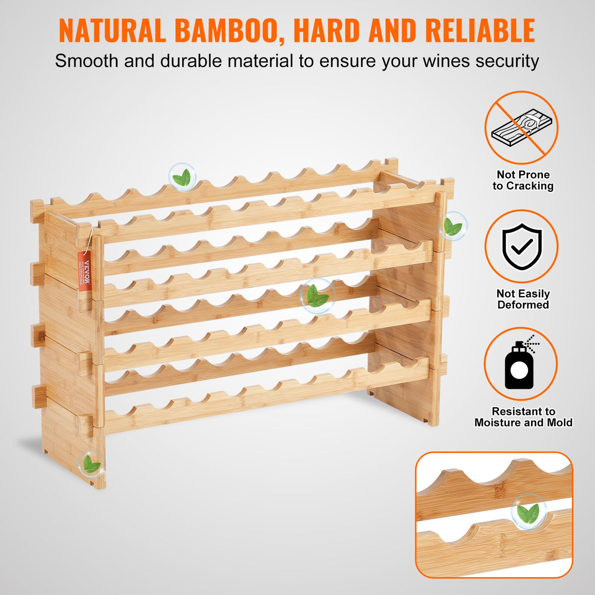 VEVOR Botellero Apilable de Vino 36 Botellas Estante de Almacenamiento de Bambú 850x250x525 mm Botellero Independiente de 4 Niveles Estantes sin Sacudidas para Cocina, Bar, Bodega, Color Natural