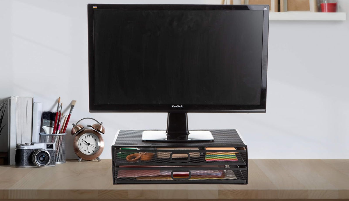 Betesh Mind Reader Monitor Stand, Ventilated Laptop Riser, Storage Drawer, Office, Metal Mesh, 15.75" L x 11.75" W x 4.5" H, Black