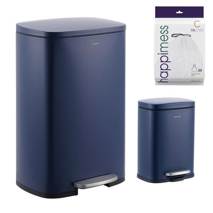 happimess HPM1006J Connor - cubeta de basura rectangular de 13 galones con tapa de cierre suave y mini bote de basura gratuito, resistente a las huellas dactilares, moderno, minimalista para el hogar, - Azul Denim