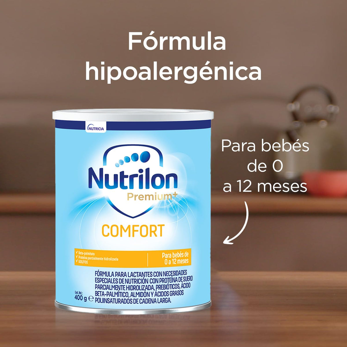 Nutrilon Premium+ Comfort, Leche en Polvo, Fórmula con Proteína de Suero Parcialmente Hidrolizada, Prebióticos, Almidón y Ácidos Grasos Poliinsaturados, Diseñada para los Bebés de 0 a 12 meses, 400 g