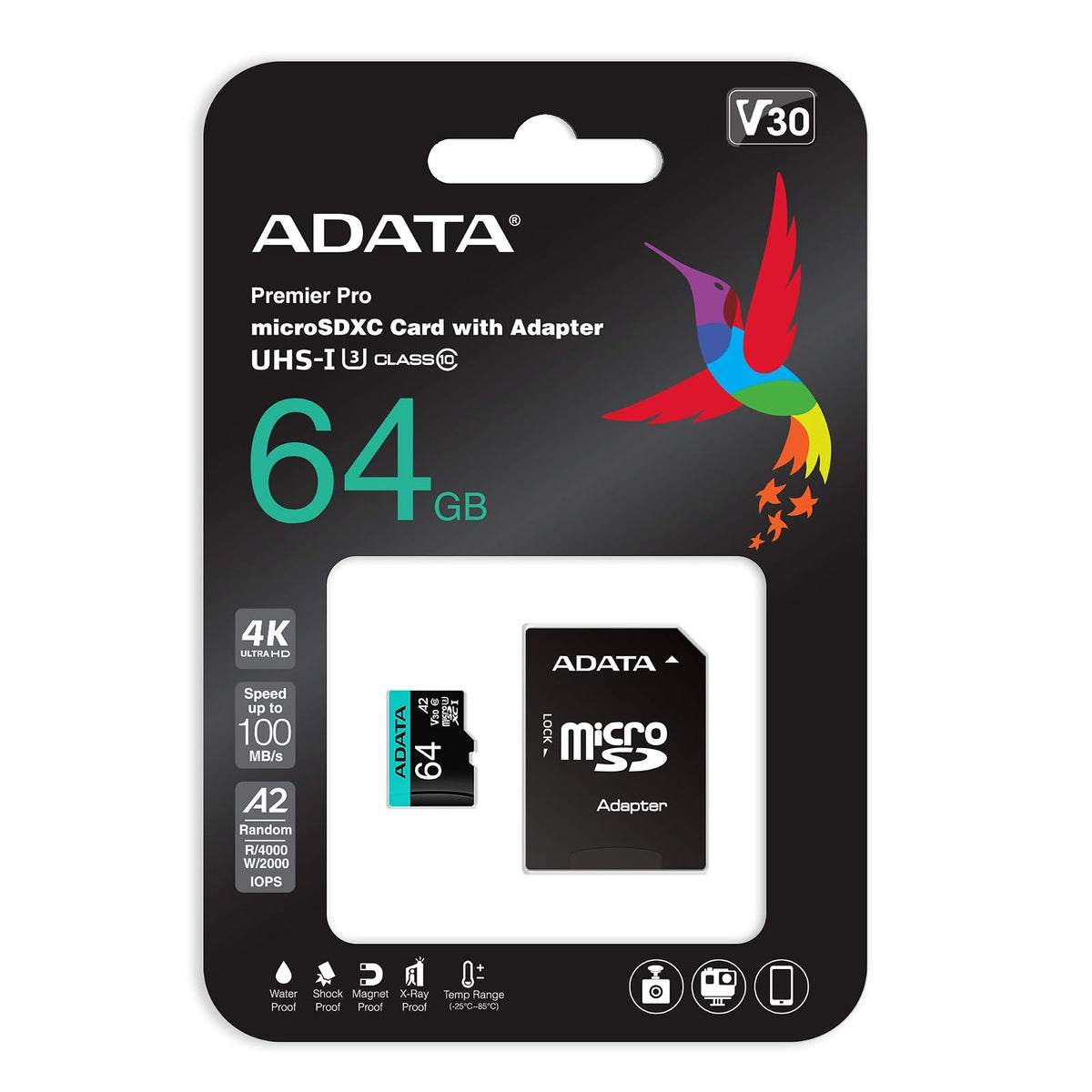 ADATA Premier Pro Tarjeta de Memoria MicroSDXC UHS-I U3 V30 Clase 10 A2 MircoSD con Adaptador AUSDX64GUI3V30SA2-RA1