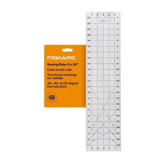 Fiskars - Regla de costura (6 x 24 pulgadas) - Regla de costura y acolchado con líneas de cuadrícula - Suministros para manualidades - Transparente/Negro