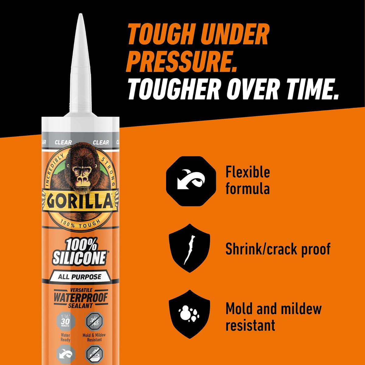 Gorilla 8050002 Clear 100Percentsilicone Sealant, 10 Oz., Clear | Resistente al moho y al moho, sellador flexible multiusos, secado rápido en 30 minutos, uso en interiores y exteriores
