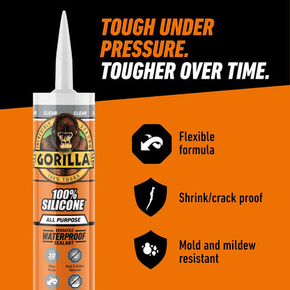 Gorilla 8050002 Clear 100Percentsilicone Sealant, 10 Oz., Clear | Resistente al moho y al moho, sellador flexible multiusos, secado rápido en 30 minutos, uso en interiores y exteriores