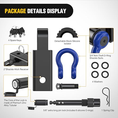 Nilight Receptor de Enganche con Grillete en D Antirrobo de 2 in, 45000 LB, Negro/Azul 92155BB
