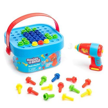 Educational Insights Design & Drill Bolt-It Bucket, Conjunto de Taladro portátil para Llevar a Todos Lados, Conjunto de 56 Piezas, Perfecto para niños y niñas Mayores de 3 años