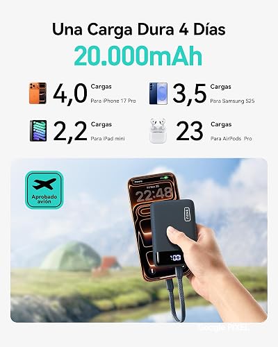 INIU Power Bank, Pequeño 20000mAh 22,5W Carga Rapida Bateria Phone Externa | Cable USB C Desmontable, Apto para Avión, Esenciales de Viaje, Bateria Portatil para iPhone 17, Samsung, iPad, etc. [Azul]