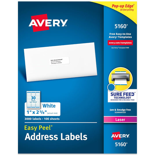 Avery fáciles de despegar Rectángulo día festivo Etiquetas para impresora láser, 1" X 2 – 5/8", Blanco, 3000 labels