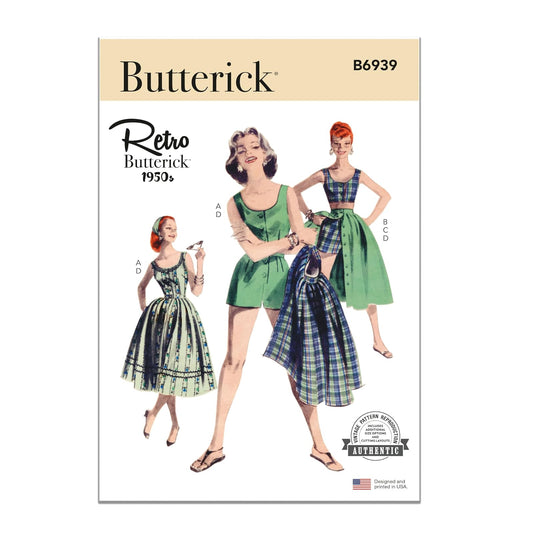 Butterick Misses - Conjunto de pijama clásico de los años 50, blusa Midriff, pantalones cortos y falda con patrón de costura, código de diseño B6939, tallas 6-8-10-12-14