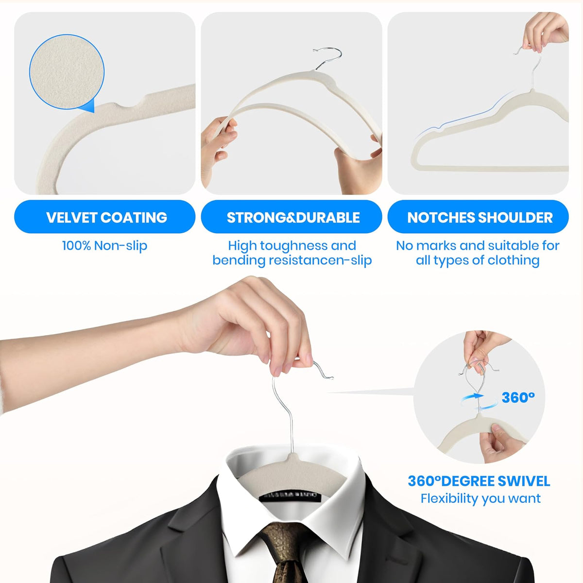 YSSOA - Juego de 70 Perchas de Terciopelo Antideslizantes con Muescas en los Hombros, Ganchos giratorios de 360°, Colgador estándar Resistente para Ahorrar Espacio en el clóset, Color Blanco