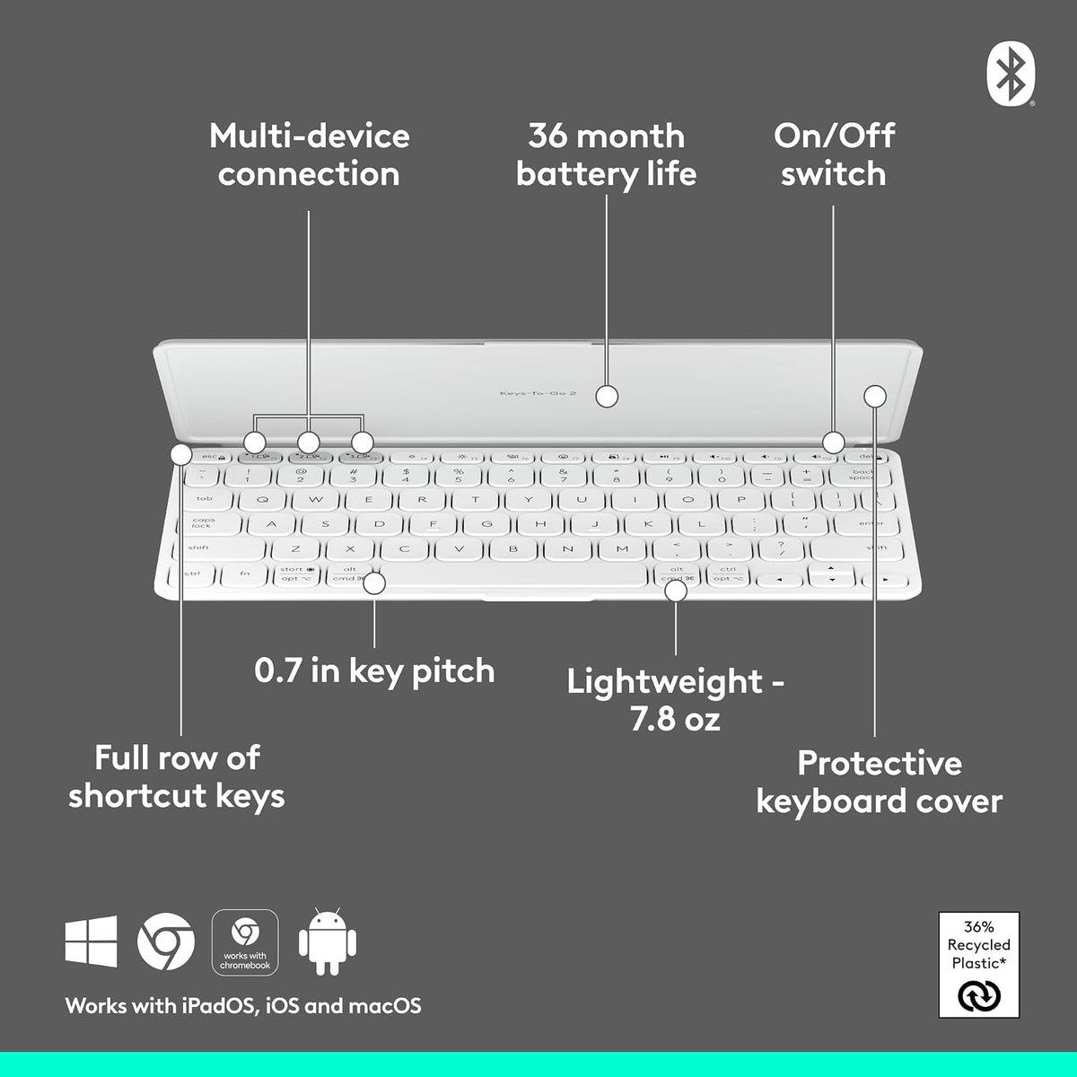 Logitech Keys-to-Go 2 Teclado inalámbrico para iPad con Tapa integrada, Bluetooth, Delgado, estilizado y Compacto para iPad, iPhone, Windows, Android, Linux, Mac, Apple TV, Color - Gris Paleo