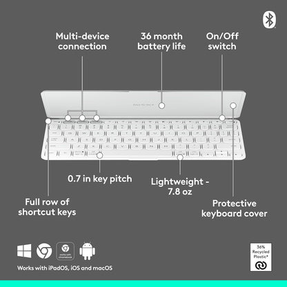 Logitech Keys-to-Go 2 Teclado inalámbrico para iPad con Tapa integrada, Bluetooth, Delgado, estilizado y Compacto para iPad, iPhone, Windows, Android, Linux, Mac, Apple TV, Color - Gris Paleo