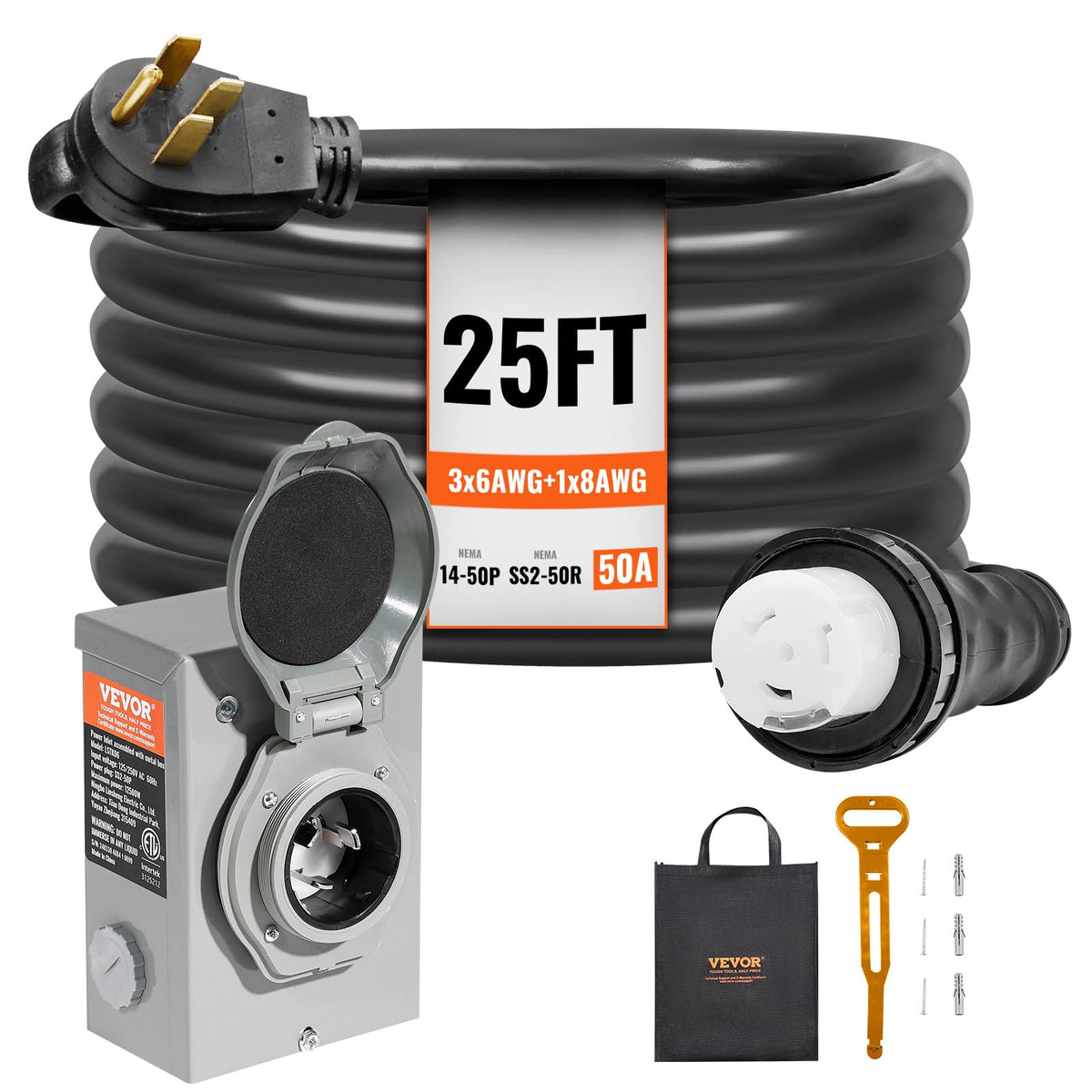 VEVOR Kit de Cable de generador de 50 A y Caja de Entrada de energía, 7,62 m (25 pies), Cable de alimentación de generador NEMA 14-50P/SS2-50R STW 6/3+8/1 AWG con Conector de Bloqueo Giratorio