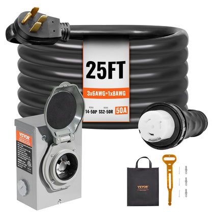 VEVOR Kit de Cable de generador de 50 A y Caja de Entrada de energía, 7,62 m (25 pies), Cable de alimentación de generador NEMA 14-50P/SS2-50R STW 6/3+8/1 AWG con Conector de Bloqueo Giratorio