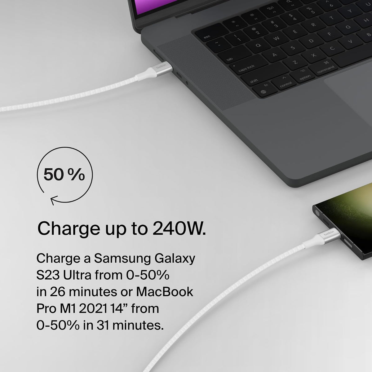 Belkin BoostCharge - Cable de alimentación USB-C a USB-C (2 M/6.5 pies) de carga rápida de 240 W de entrega de alimentación USB-IF para MacBook Pro, iPad, iPhone 16 Series, Galaxy S25 Series, Nintendo