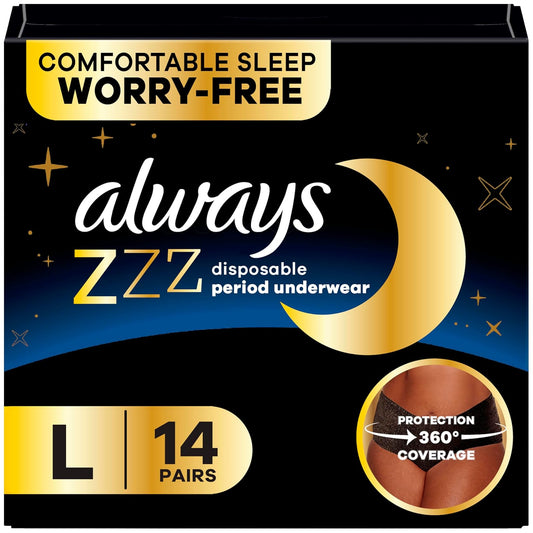Always ZZZs - Ropa interior desechable para mujer, talla L, color negro, a prueba de fugas, 7 unidades, paquete de 2 (14 unidades en total)