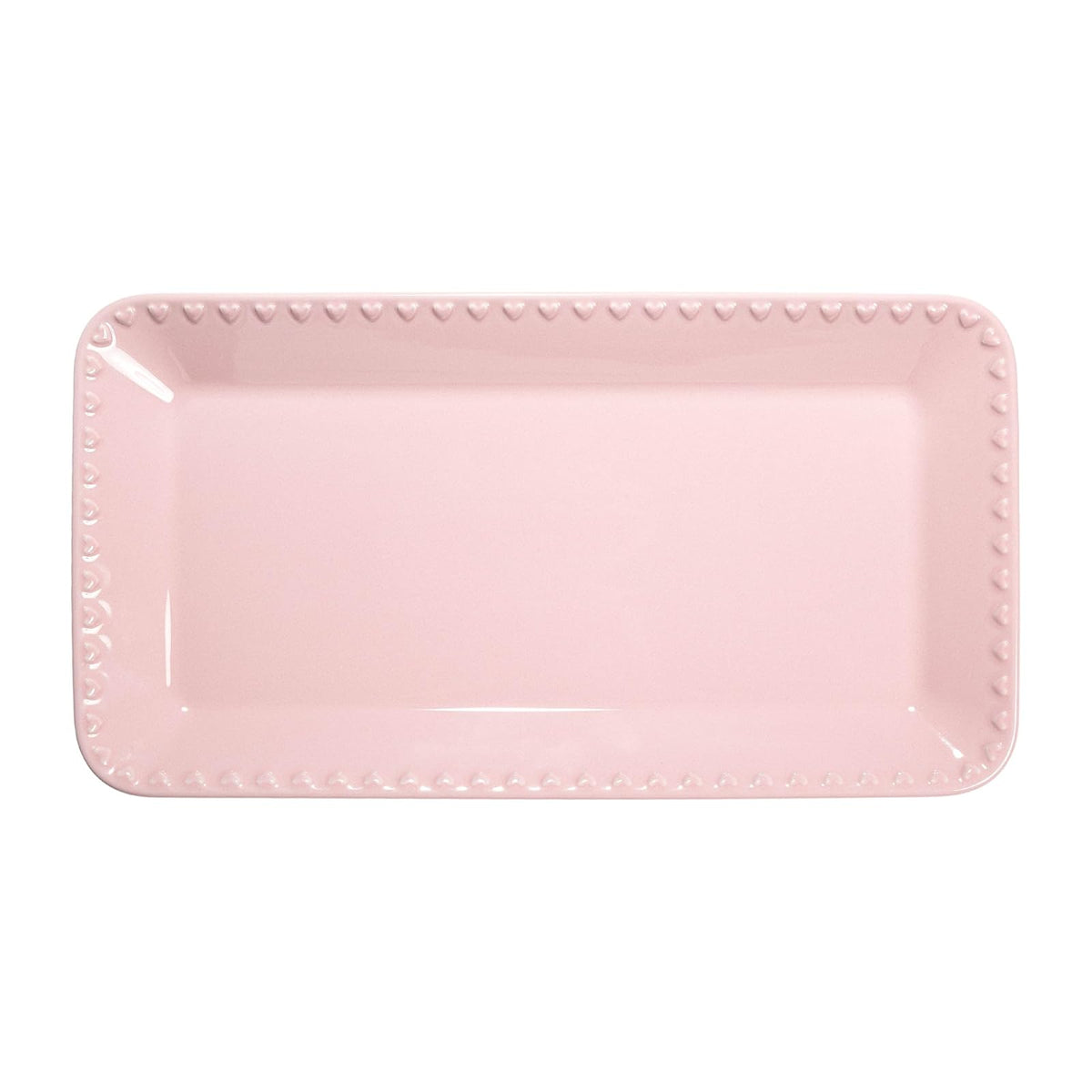 Paris Hilton Bandeja rectangular de cerámica para servir de gres en relieve, corazones en relieve, apta para microondas, 15 x 8 pulgadas, rosa
