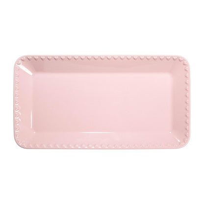 Paris Hilton Bandeja rectangular de cerámica para servir de gres en relieve, corazones en relieve, apta para microondas, 15 x 8 pulgadas, rosa