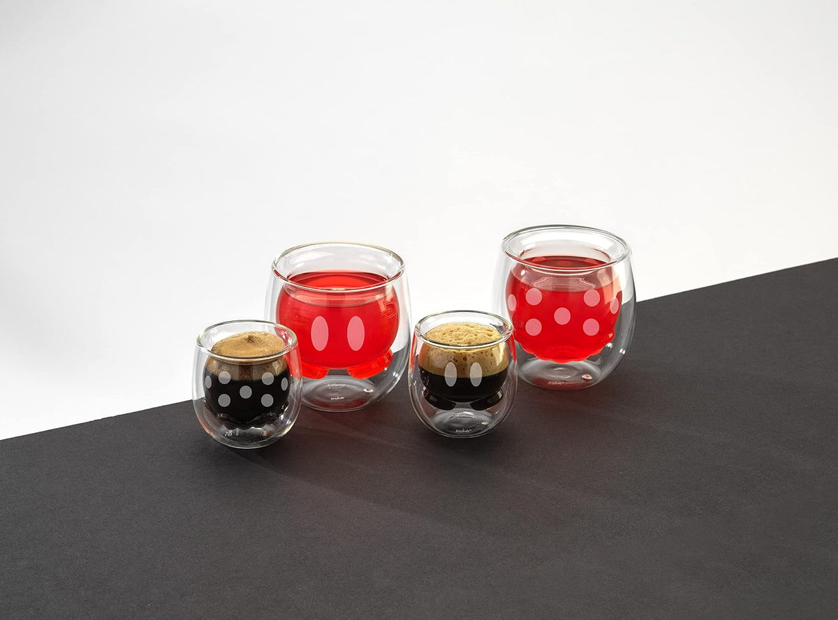 JoyJolt Mickey Pants and Minnie Skirt 3D - Juego de 2 tazas de café de vidrio de doble pared de 7.4 onzas, tazas de café de Disney, espresso y tazas de té, colección de vasos de doble pared, regalos