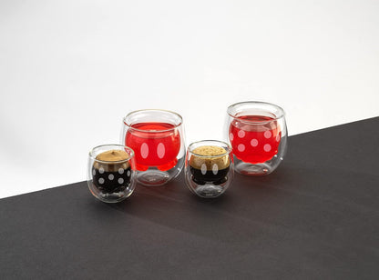 JoyJolt Mickey Pants and Minnie Skirt 3D - Juego de 2 tazas de café de vidrio de doble pared de 7.4 onzas, tazas de café de Disney, espresso y tazas de té, colección de vasos de doble pared, regalos