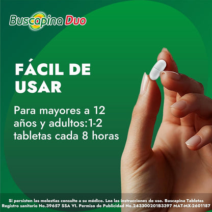 Buscapina Duo alivia dolor de panza. Hioscina 10 mg / Paracetamol 500 mg, 20 tabletas