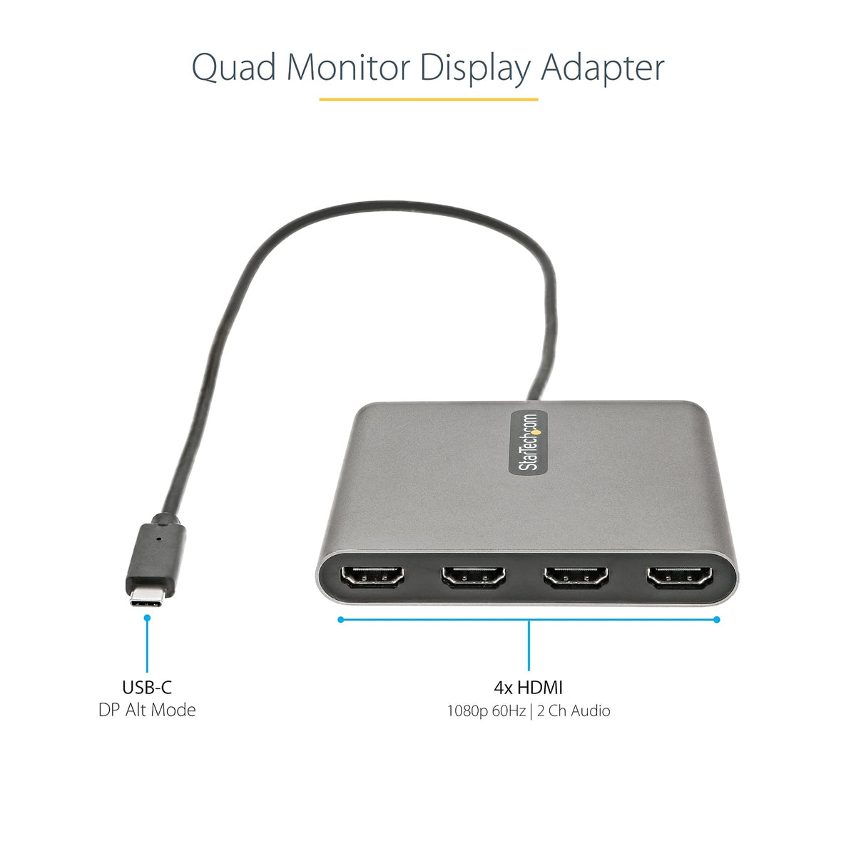 StarTech.com Adaptador USB-C a 4 Puertos HDMI - Tarjeta Gráfica y de Video Externa - Dongle Llave USB Tipo C a 4x HDMI - 1080p a 60Hz - Conversor Multimonitor USB a HDMI - Solo para Windows (USBC2HD4)
