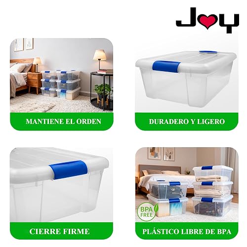 JOY - Caja de Almacenamiento Apilable, Pack de 3, para Organizador Armario, Juguetes, Ropa, con Broche y Tapa Duradera, 15 Litros de Capacidad, Plástico Libre de BPA, Transparente