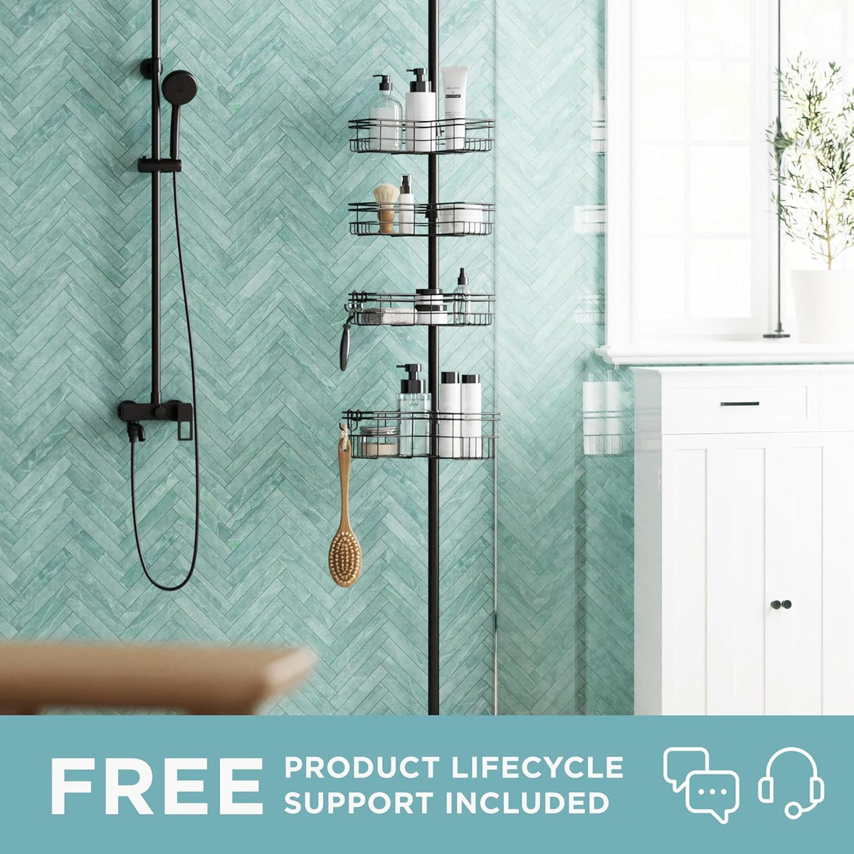 Zenna Home Organizador de Esquina para Ducha con Poste de tensión, Organizador de Ducha Ajustable con 4 cestas y Ganchos en Forma de L, Organizador de Barra de tensión para baño, Resistente al óxido