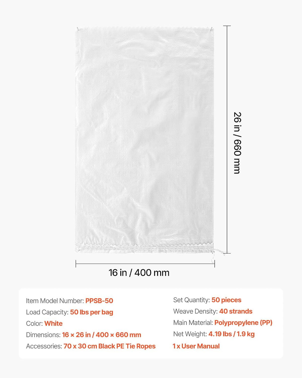 VEVOR Sacos de Arena Vacíos, con Cintas, Carga de 22,6 kg, de Polipropileno Tejido, Resistentes al Desgarro y a los Rayos UV para Barreras de Protección contra Inundaciones, 400 x 660 mm, 50 uds