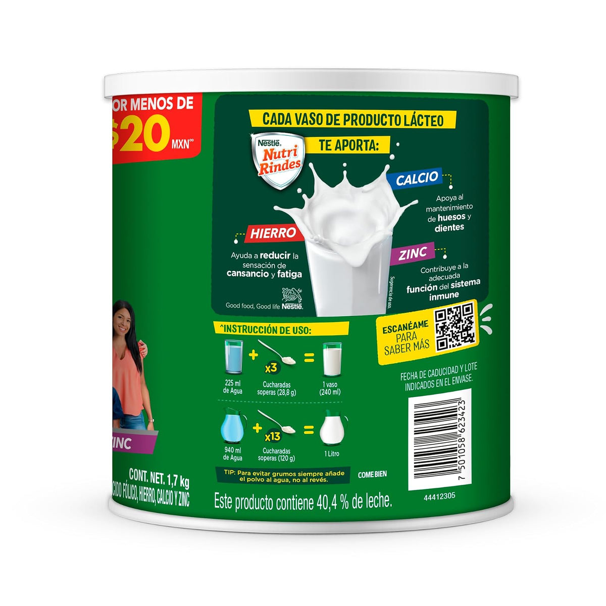 Nutri Rindes en Polvo,Adicionado de Vitaminas A, D, C, B1 y B5, Hierro, Ácido Fólico, Calcio, Hierro y Zinc, Lata de 1.7 kg