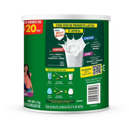 Nutri Rindes en Polvo,Adicionado de Vitaminas A, D, C, B1 y B5, Hierro, Ácido Fólico, Calcio, Hierro y Zinc, Lata de 1.7 kg