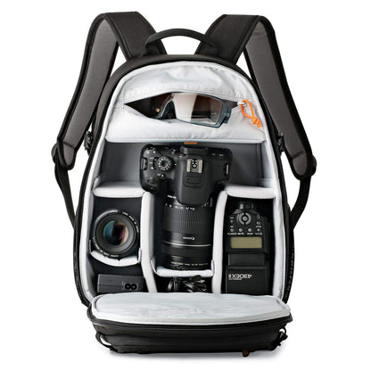 Lowepro Tahoe BP 150 Mochila para Cámara DSLR o sin Espejo, con Separadores Acolchados Removibles, Compartimento UltraFlex y Bolsillo para Tableta de 10 Pulgadas, Ideal para Viajes, Color Negro