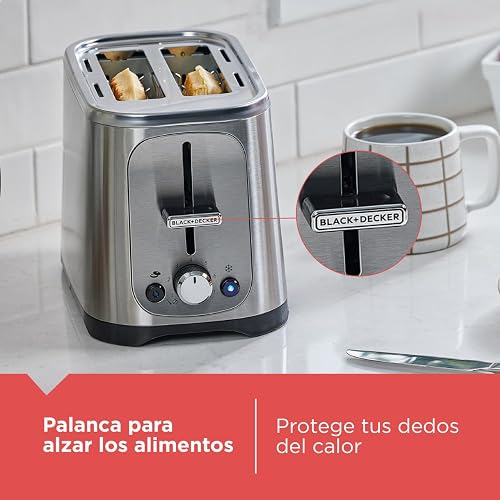Black+Decker Tostadora de Pan 2 Rebanadas con 7 Niveles, TR1227-0SDLA | Ranuras extra anchas para tostar bagels y panes gruesos, con función para alimentos congelados
