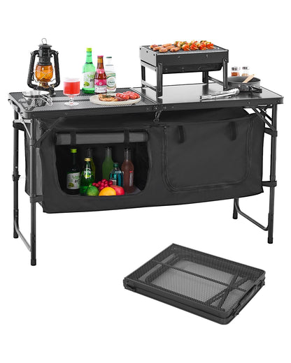 VEVOR Mesa de Cocina Plegable Portátil para Acampar, 3 Alturas Ajustables, de Aluminio, con Organizador de Almacenamiento, Asa de Transporte, para Barbacoa, Fiesta, Pícnic, Viajes en RV, Negro