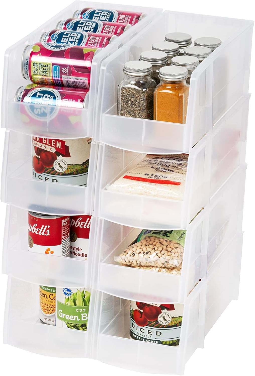 IRIS USA Paquete de 8 Contenedores Grandes Apilables, Transparente | Organiza botanas, latas, cápsulas de café, manualidades y artículos del hogar con visibilidad clara y fácil acceso - Transparente - Grande - Paquete de 8