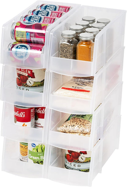 IRIS USA Paquete de 8 Contenedores Grandes Apilables, Transparente | Organiza botanas, latas, cápsulas de café, manualidades y artículos del hogar con visibilidad clara y fácil acceso - Transparente - Grande - Paquete de 8