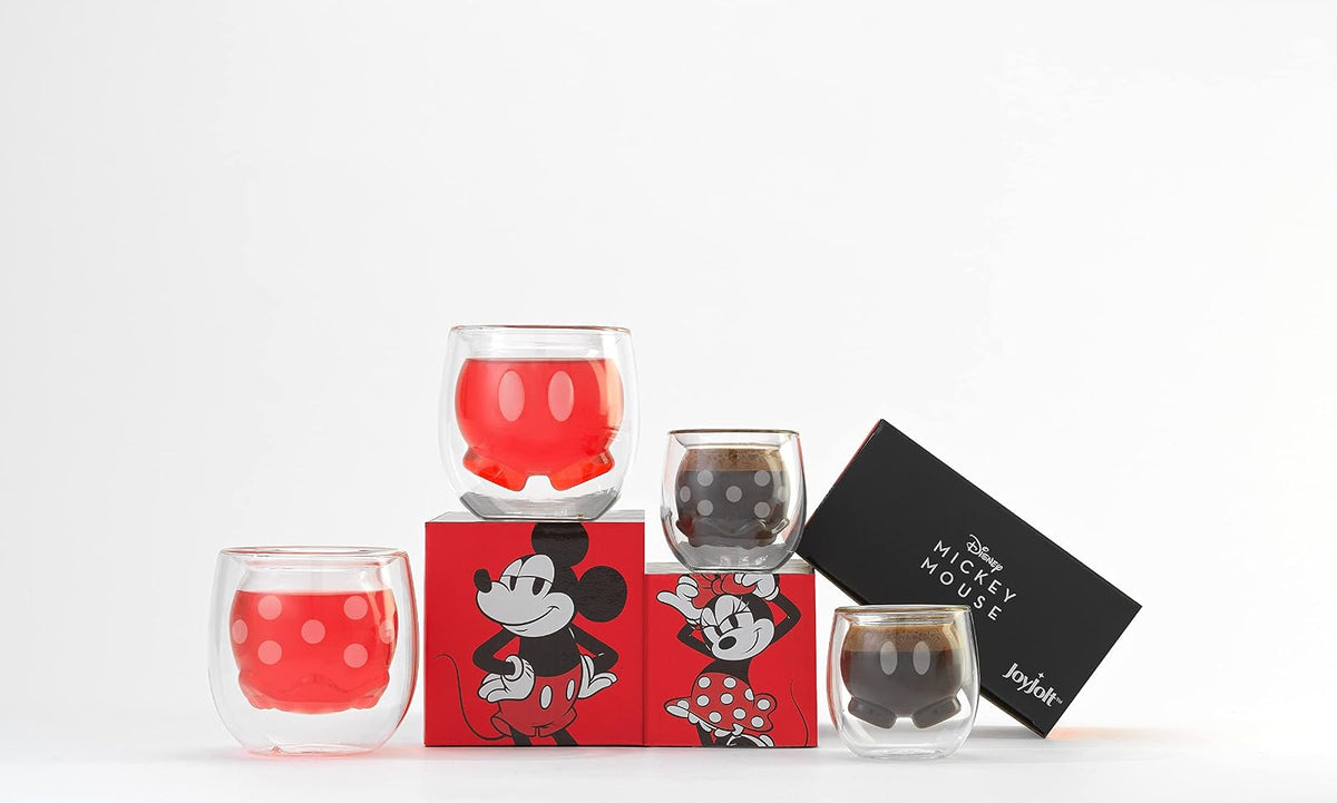 JoyJolt Mickey Pants and Minnie Skirt 3D - Juego de 2 tazas de café de vidrio de doble pared de 7.4 onzas, tazas de café de Disney, espresso y tazas de té, colección de vasos de doble pared, regalos