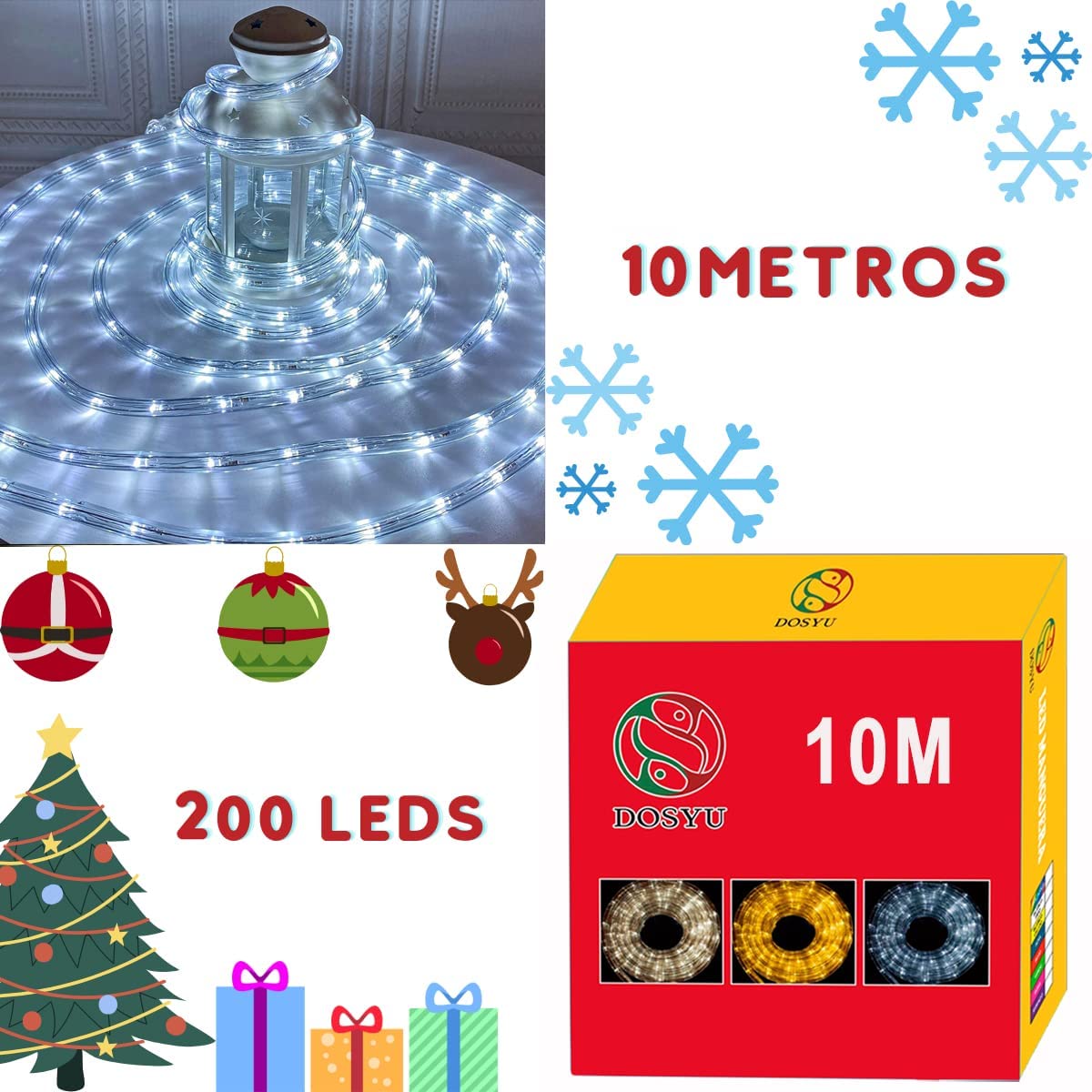 Dosyu 10M Transparente LED Navideña, 200LED 110V 2 cables Cuttable de Navidad Luces, 200 LED a prueba de agua al aire libre caliente luces de la cuerda para la cubierta(Blanco Frio)