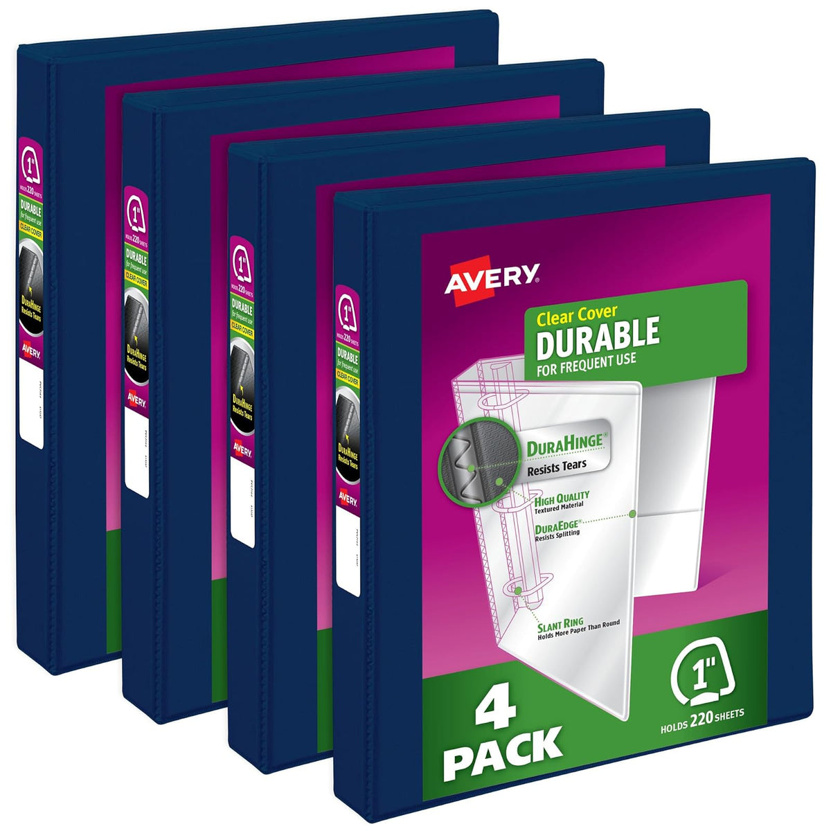 Avery Durable View - Carpeta de 3 anillos, anillos inclinados de 1 pulgada, capacidad de 220 hojas, azul, paquete de 4 (17705) - 2.54cm (1'') - Paquete de 4 - Azul