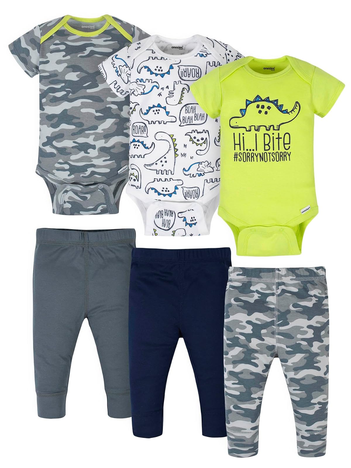 Onesies Brand Conjunto de 3 Mamelucos y 3 Pantalones para Bebé Niño - Gris Verde Camo Dino - 6-9 Meses