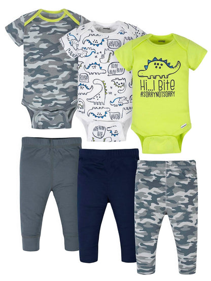 Onesies Brand Conjunto de 3 Mamelucos y 3 Pantalones para Bebé Niño - Gris Verde Camo Dino - 6-9 Meses