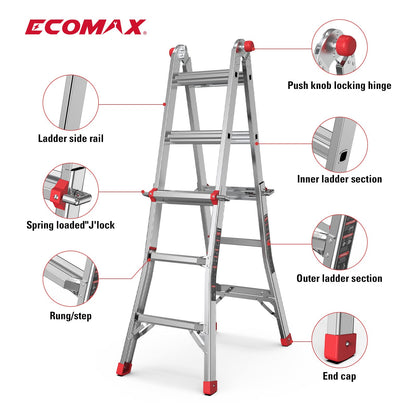 Ecomax Escalera plegable, escalera de extensión de aluminio de 4 pies, capacidad de carga de 300 libras, escalera telescópica portátil con goma antideslizante, escaleras de escalón multiposición, para trabajar EM4X3L2, plata