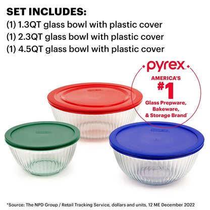 Pyrex - Juego de 3 cuencos de vidrio esculpidos con tapas para preparar, hornear y cocinar, horno precalentado, lavaplatos, congelador y microondas