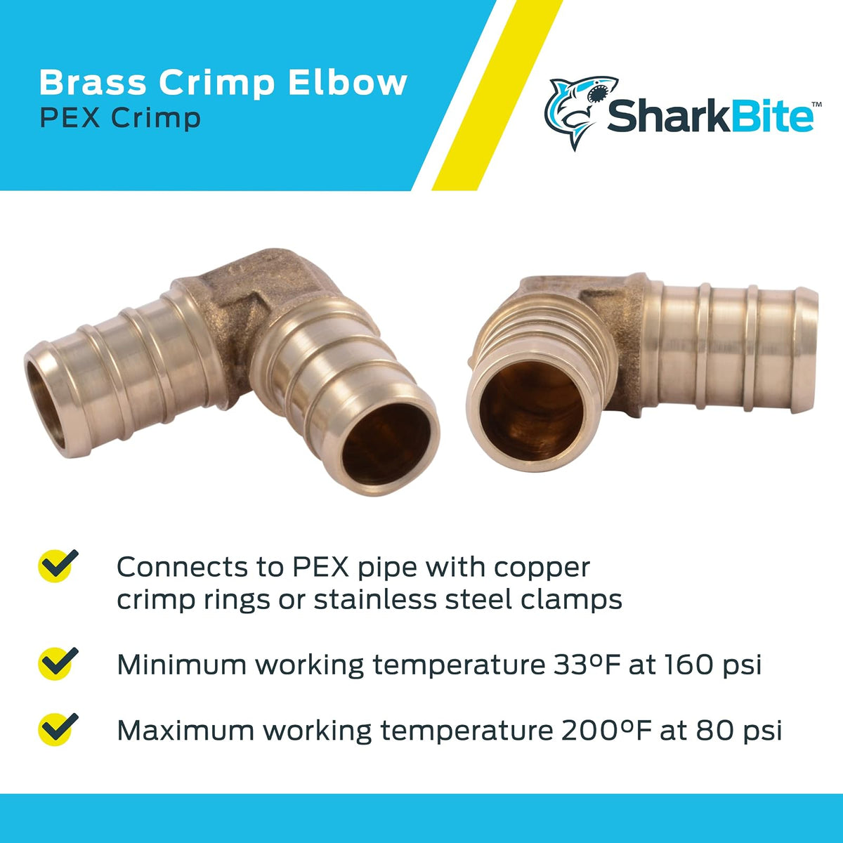 SharkBite Codo de 90 grados de 90 grados, paquete de 10, ajuste de fontanería de latón, tubo PEX, PE-RT, UC256LFA10