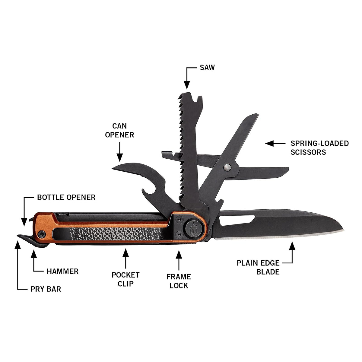 Gerber Gear Armbar Scout Multiherramienta 7 en 1 | Burnt Orange, hoja de borde liso de 2.5 pulgadas, martillo, tijera, sierra, acero inoxidable, clip de bolsillo