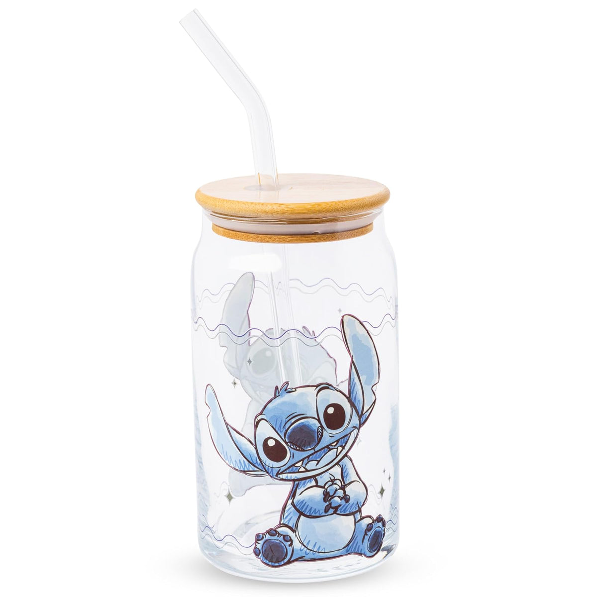Silver Buffalo Disney Lilo and Stitch - Vaso de vidrio sentado con tapa de bambú y popote de vidrio, 16 onzas